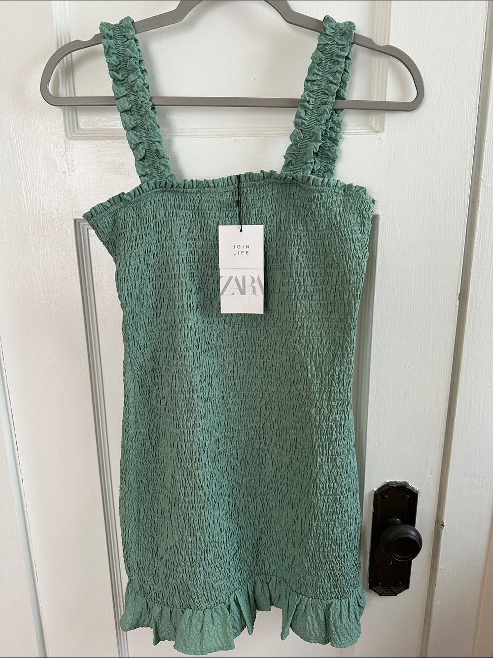 ZARA Sage Green Smocked Mini Dress with Ruffle Straps